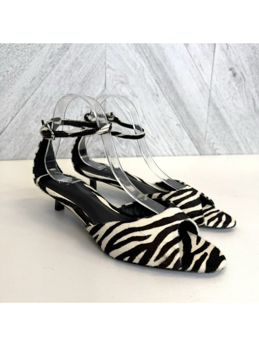 Zara Zebra Print Calf Hair Open Toe Ankle Strap Kitten Heels Shoes EU 39 US 9